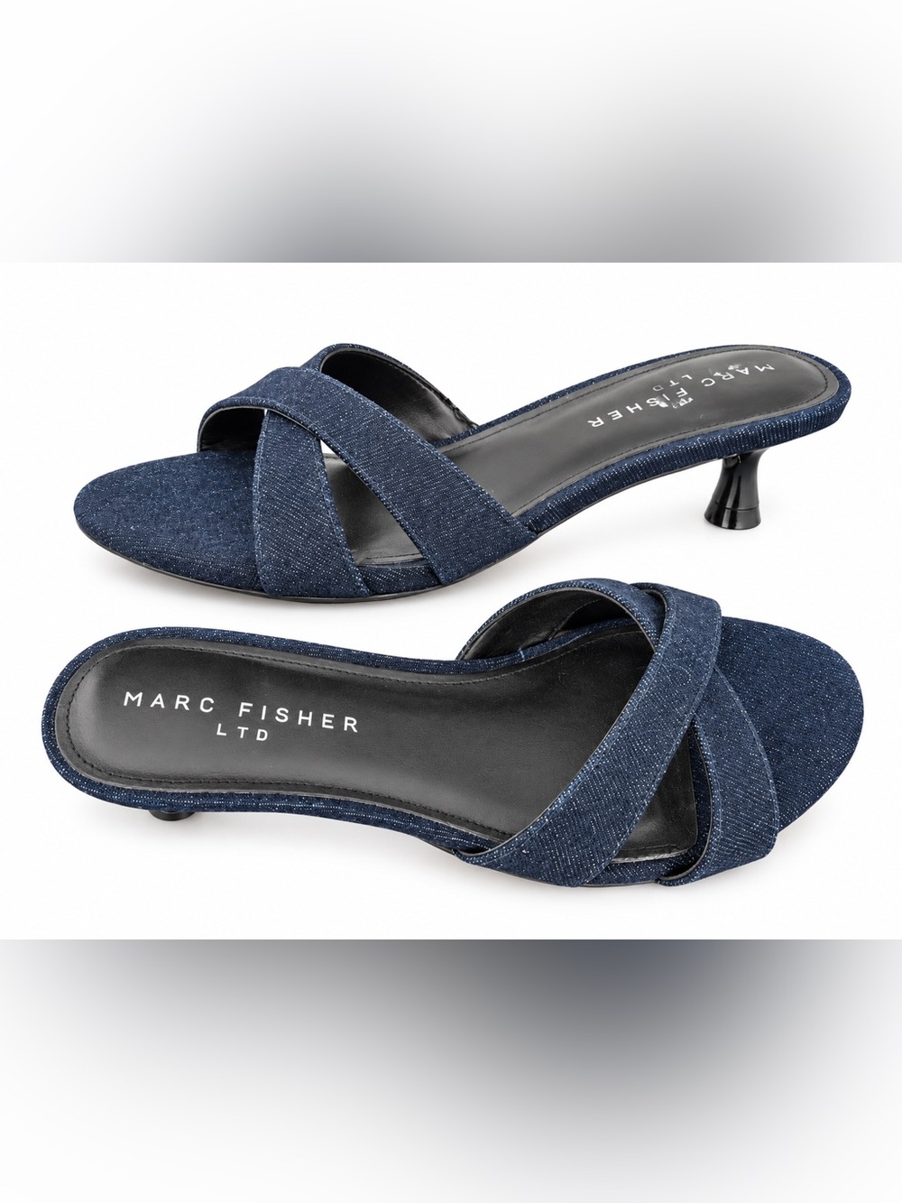 Marc Fisher LTD Racey2 Denim Kitten Heel Slide Sandals Women’s 8.5 M Blue
